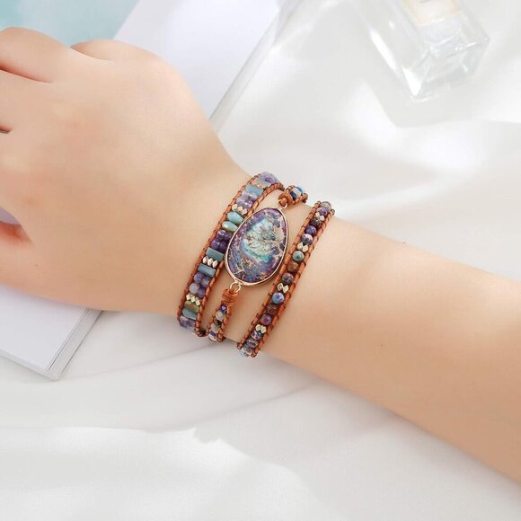 Women Boho Handmade Natural Stone Crystal Leather Bead Wrap Bracelets Collection - Picture 2 of 7